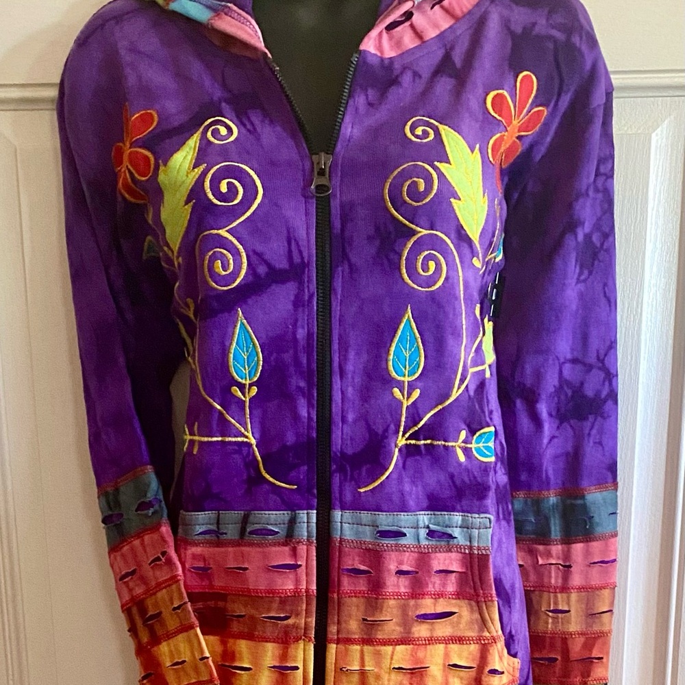 Purple Rising International 100% Cotton Razor Rip Hoodie, Tie Dye pockets/cuffs